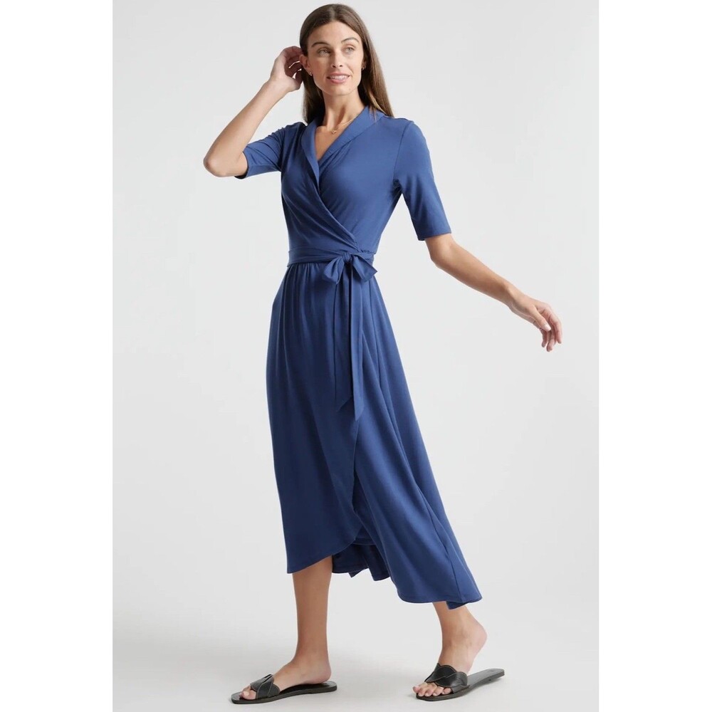 Quince Womens Navy Blue Tencel Jersey True Wrap Dress Midi Sz Large Short Sleeve